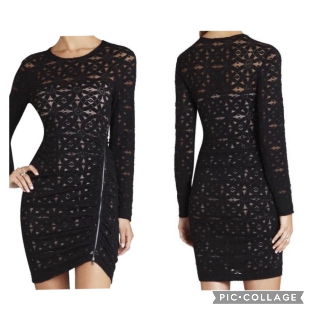 BCBGMaxAzria Alesandra Black Lace Long Sleeve Ruched Dress With Zipper Detail - Picture 2 of 16